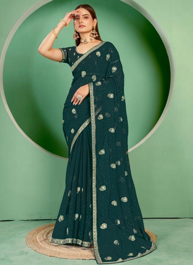 Shimmer Green Wedding Wear Swarosvki Work Saree